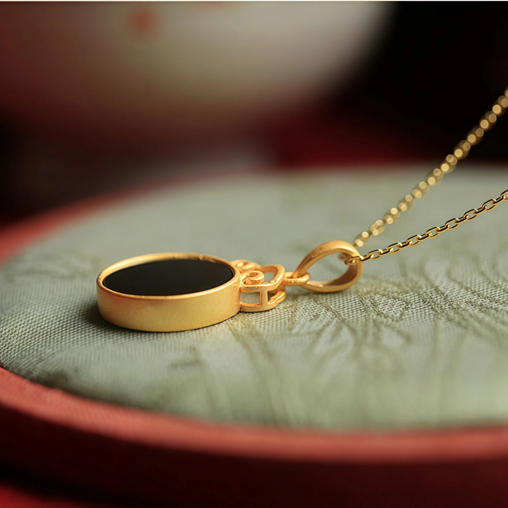 Natural Black Hetian Jade Auspicious Cloud Round Tablet Necklace - Protection & Wholeness