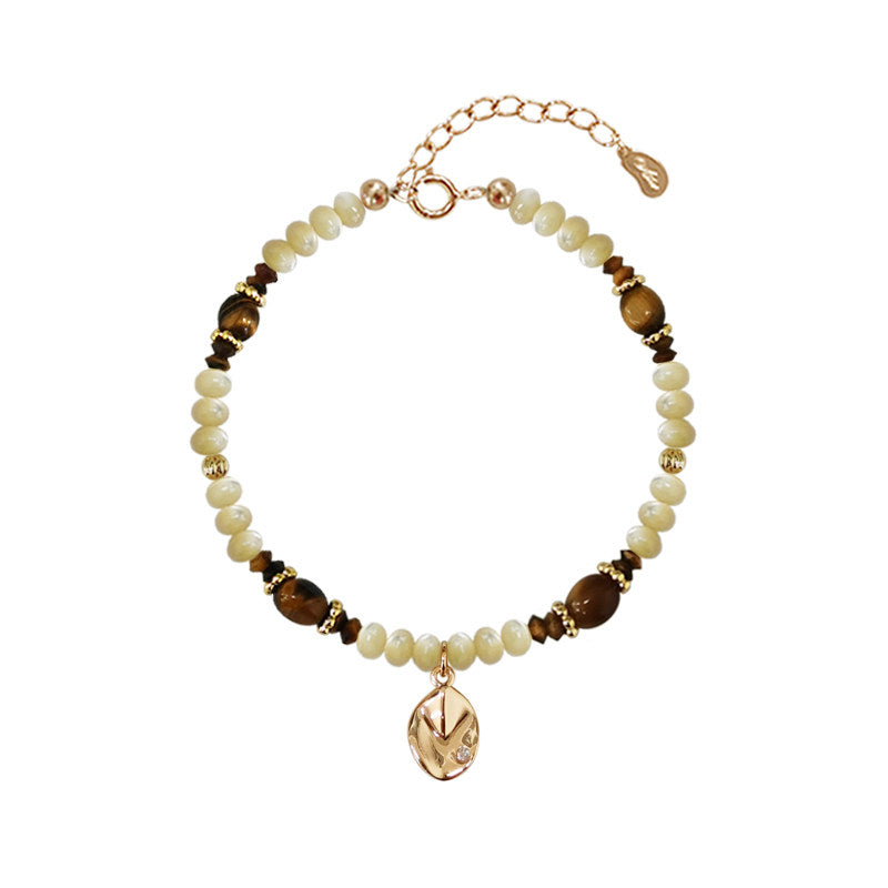 Tiger Eye & Shell Bead Bracelet for Women, Adjustable Extension Chain with Leaf Pendant