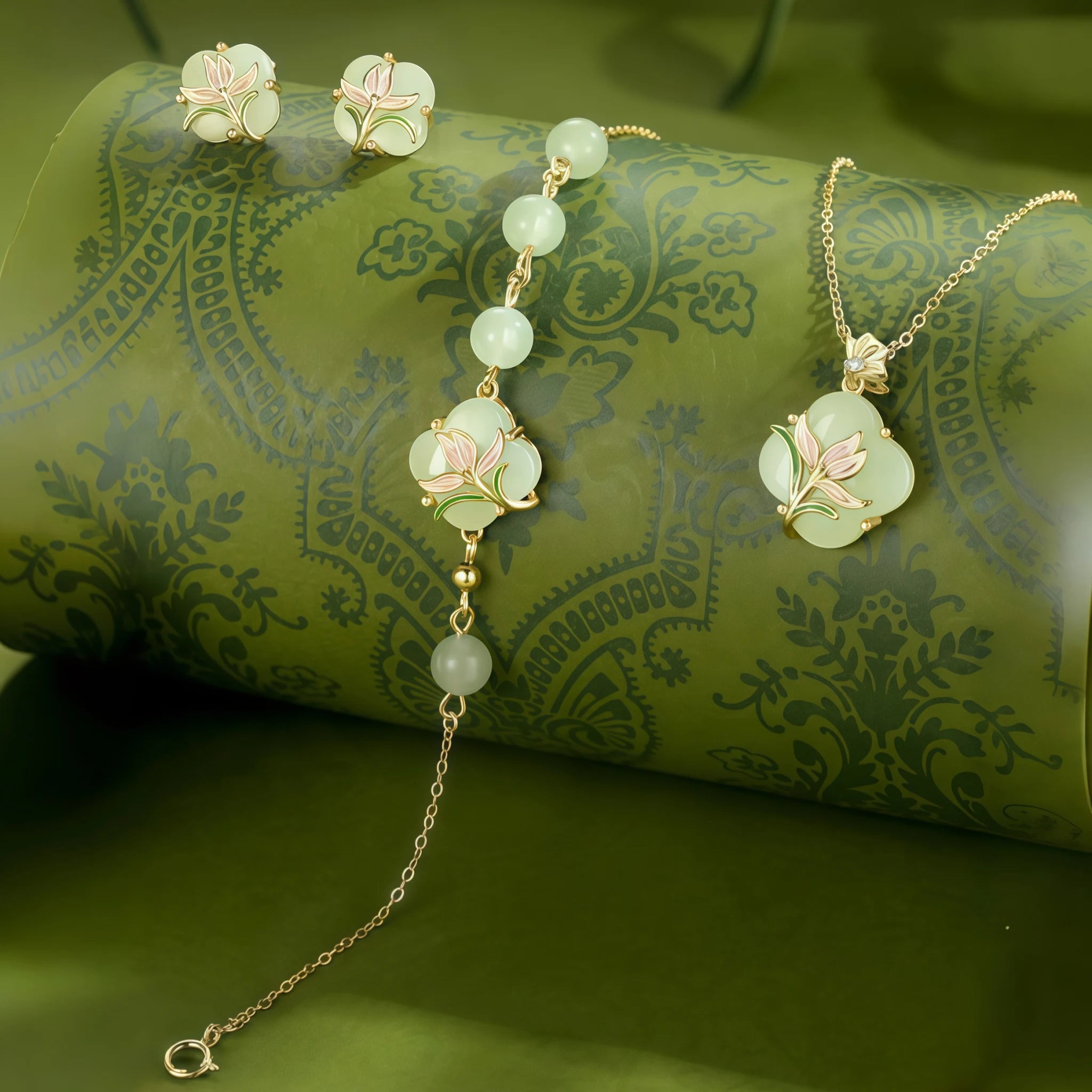 Oriental Clover‑Shaped Lotus Hetian Jade Matching Jewelry Set - Purify Mind