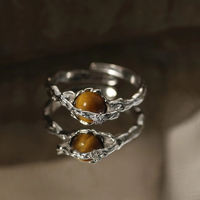 Natural Tiger Eye Stone Ring, Small Universe Saturn Open Ring