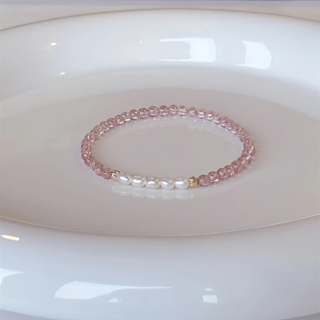 Strawberry Quartz & Pearl Stackable Bracelet - Sweet Loving Vibes