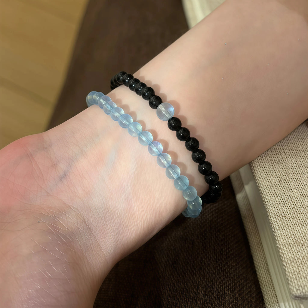 Smooth Round Bead Aquamarine Obsidian Bracelet - Serenity & Protection