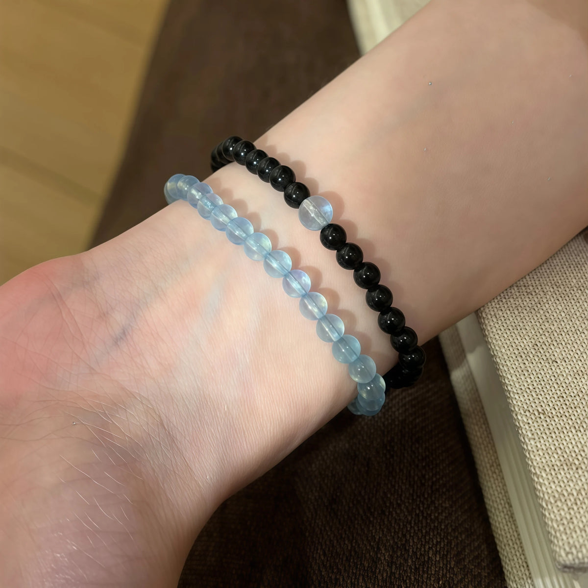 Smooth Round Bead Aquamarine Obsidian Bracelet - Serenity & Protection