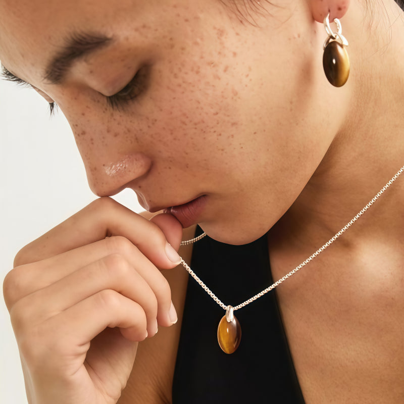 Earth‑Tone Tiger Eye Necklace&Earrings Jewelry Set - Dispels Negative Energy