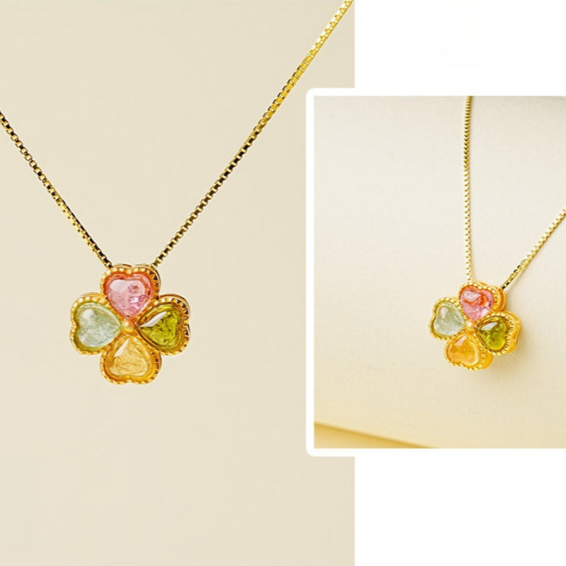 Collier trèfle à quatre feuilles et tourmaline multicolore – Cadeau d'anniversaire et de remise de diplôme pour meilleure amie