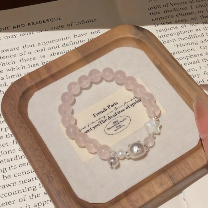 Natural Powder Crystal Bracelet, Pure Silver Teddy Bear Bell Bracelet