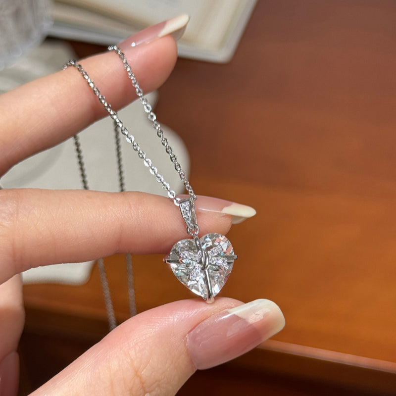 Clear Crystal Butterfly Bow Heart Necklace - Purify Aura, Attract Good Relationships