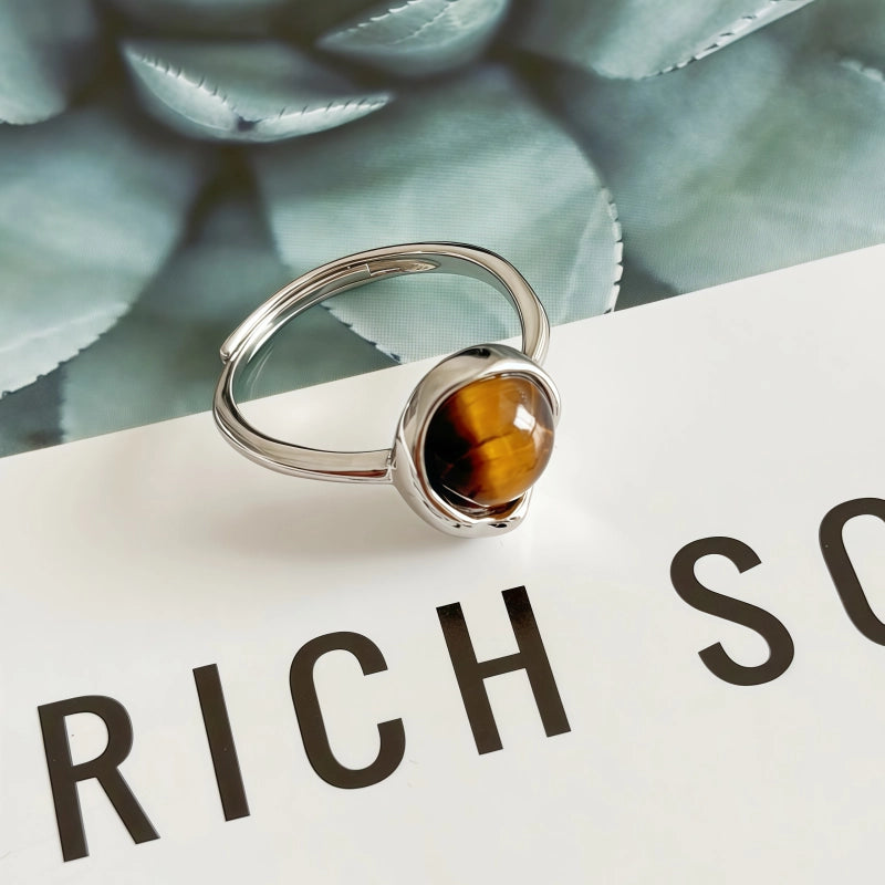 Natural Tiger Eye Stone Ring, Irregular Lucky Bean Girl Ring