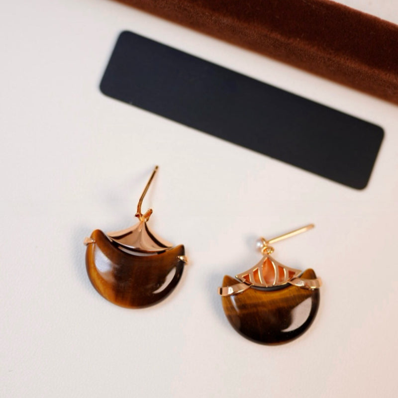 Boucles d'oreilles Fortis Natural Œil de Tigre — Lune en croissant rétro française