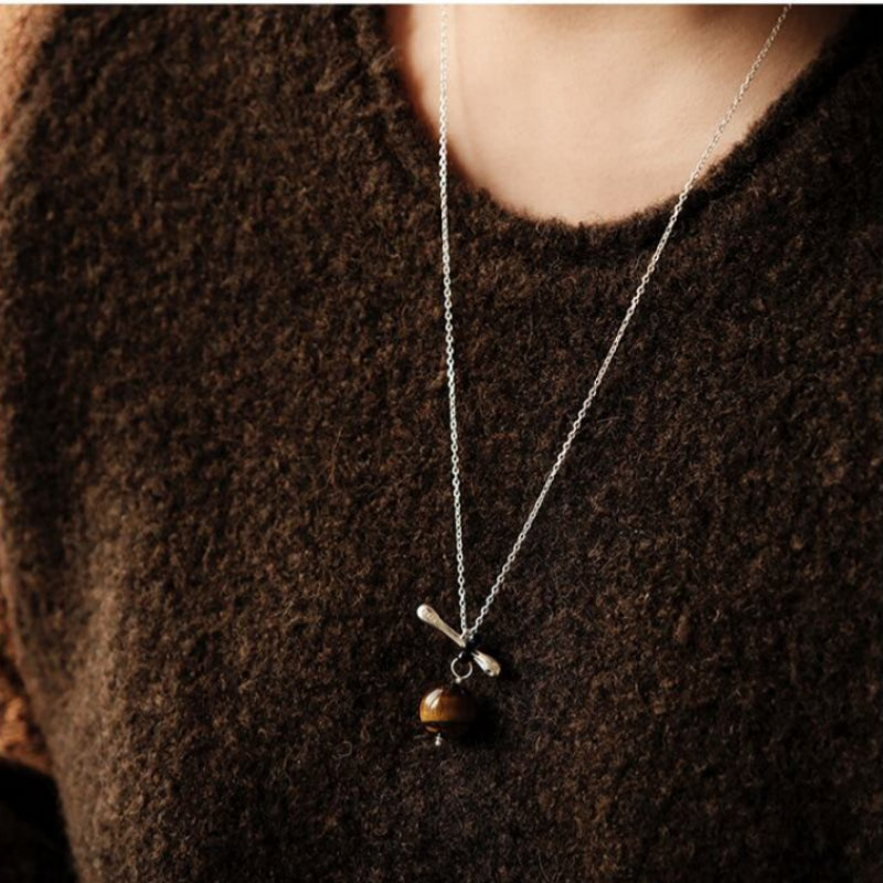 Natural Tiger Eye Stone Necklace, Floating Planet - Steady Career & Prosperous Life