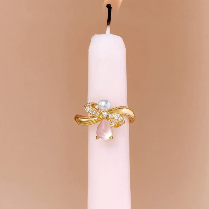 Bow Pearl Natural Rose Quartz Crystal Ring - Self-love First, Fortune Follows