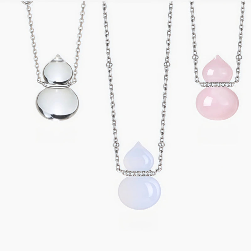 Natural White Crystal Necklace, Fortune Gourd, Pure Silver Pendant