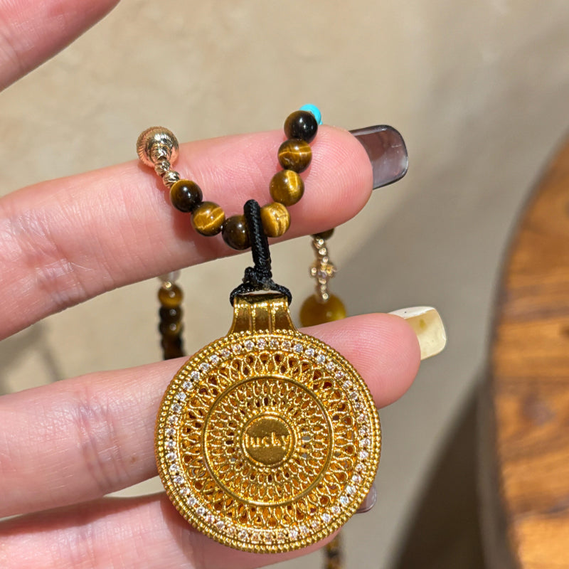 Natural Tiger Eye Stone Necklace, Compass Pendant Sweater Necklace, Gift for Mom