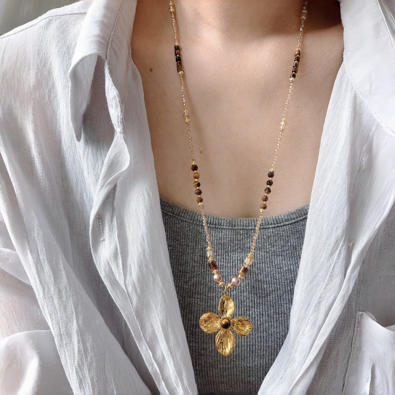 Collier en pierre naturelle Œil de tigre, Long pull Trèfle à quatre feuilles porte-bonheur
