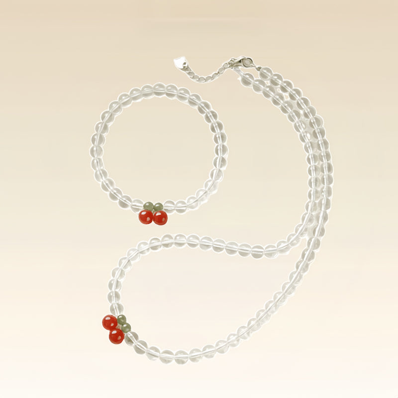 Natural White Crystal Cherry Bracelet Necklace Set – Soothe Emotions, Cleanse Aura