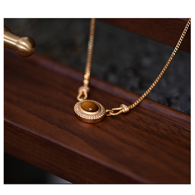 Natural Tiger Eye Stone Necklace — Vintage Roman Texture Button Clasp