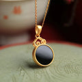 Natural Black Hetian Jade Auspicious Cloud Round Tablet Necklace - Protection & Wholeness