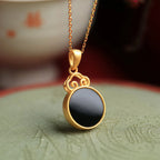 Natural Black Hetian Jade Auspicious Cloud Round Tablet Necklace - Protection & Wholeness