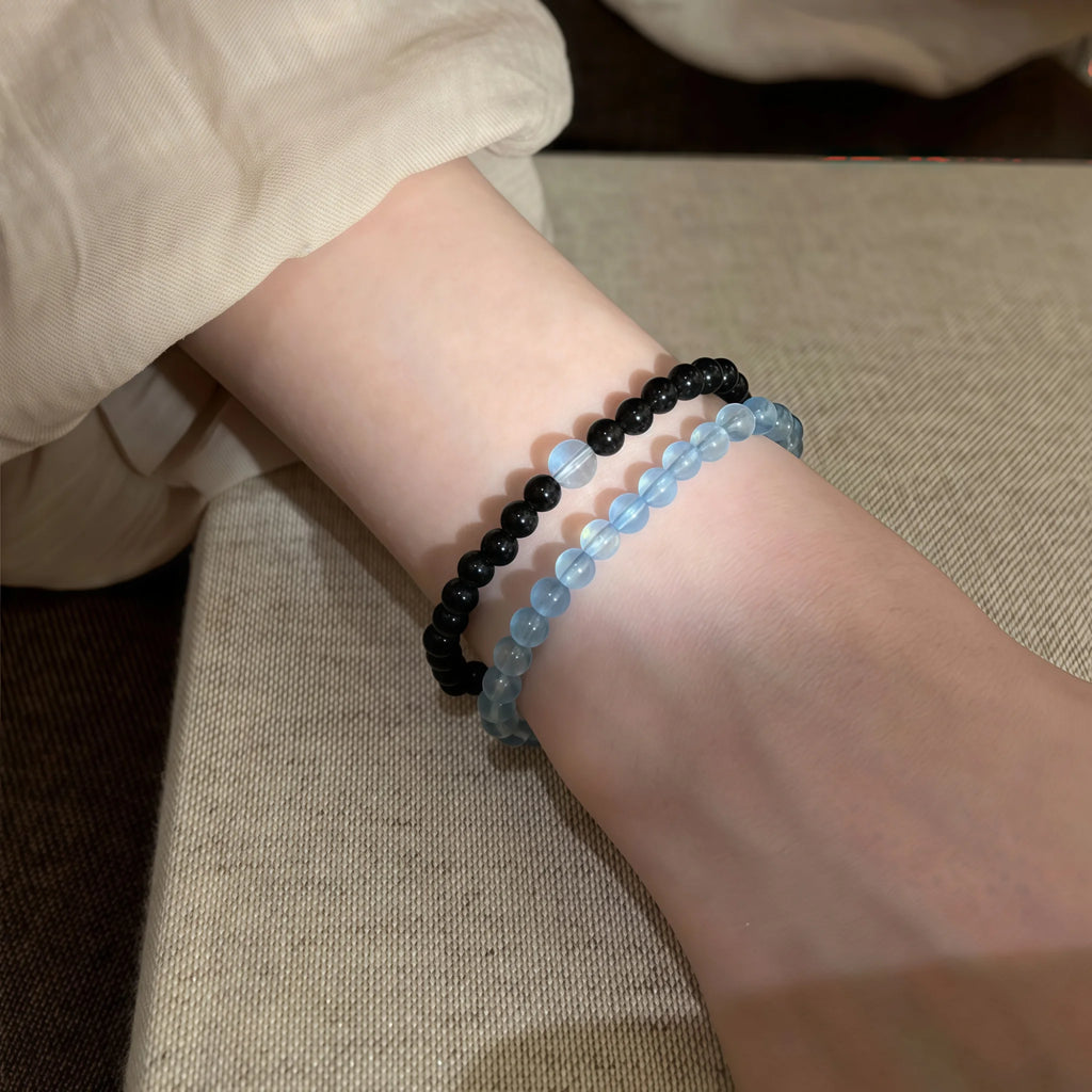 Smooth Round Bead Aquamarine Obsidian Bracelet - Serenity & Protection