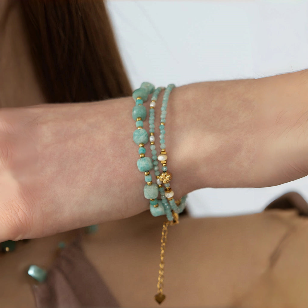 Ice-blue Amazonite Square-cut Facets Stackable Bracelet - Enhance Energy and Balance Spirit