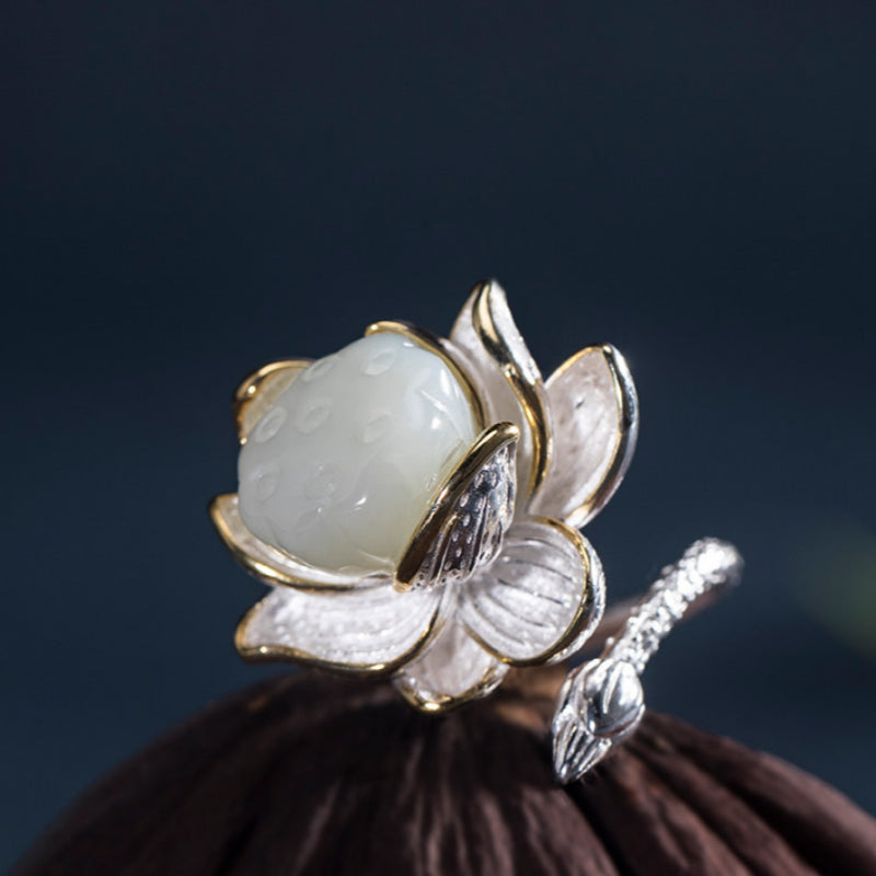 Bague Lotus en Jade Hetian - Paix Intérieure & Énergie Pure