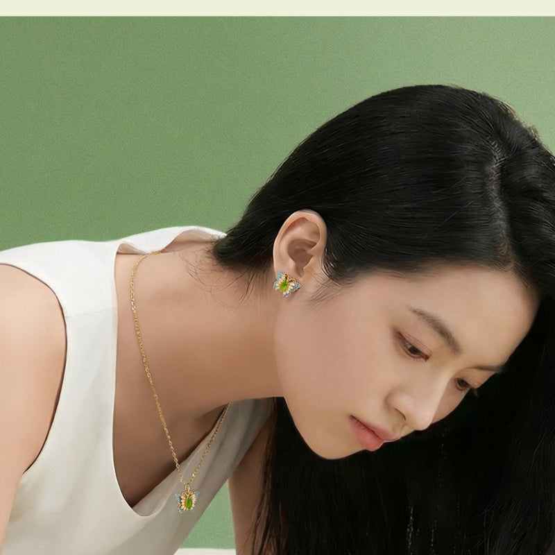 Hetian Jade Butterfly Necklace Ring Earrings Jewelry Set - stands for purity