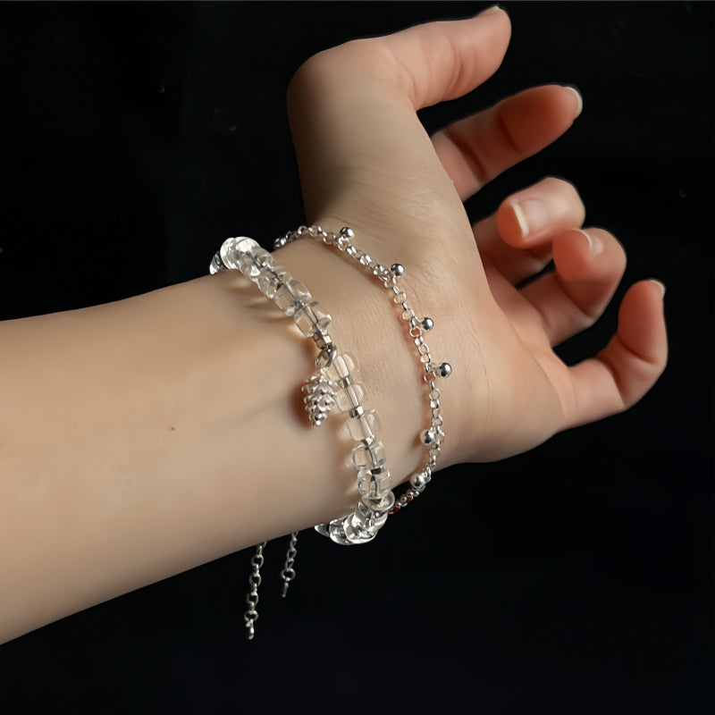 Natural White Crystal Pure Silver Pinecone Bracelet - Clarity, Calm, and Lasting Good Fortune