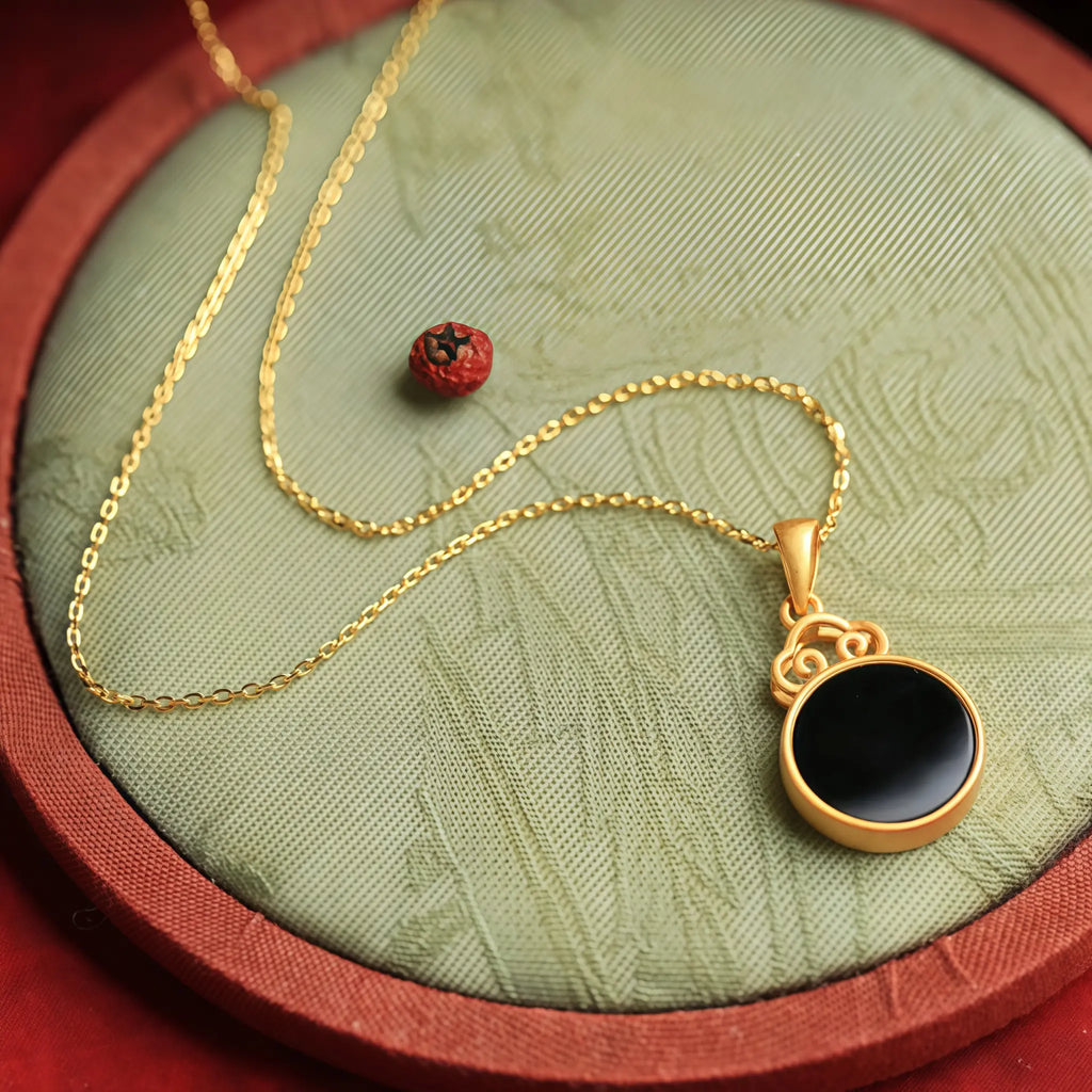 Natural Black Hetian Jade Auspicious Cloud Round Tablet Necklace - Protection & Wholeness
