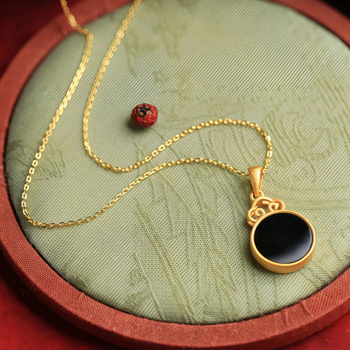 Natural Black Hetian Jade Auspicious Cloud Round Tablet Necklace - Protection & Wholeness