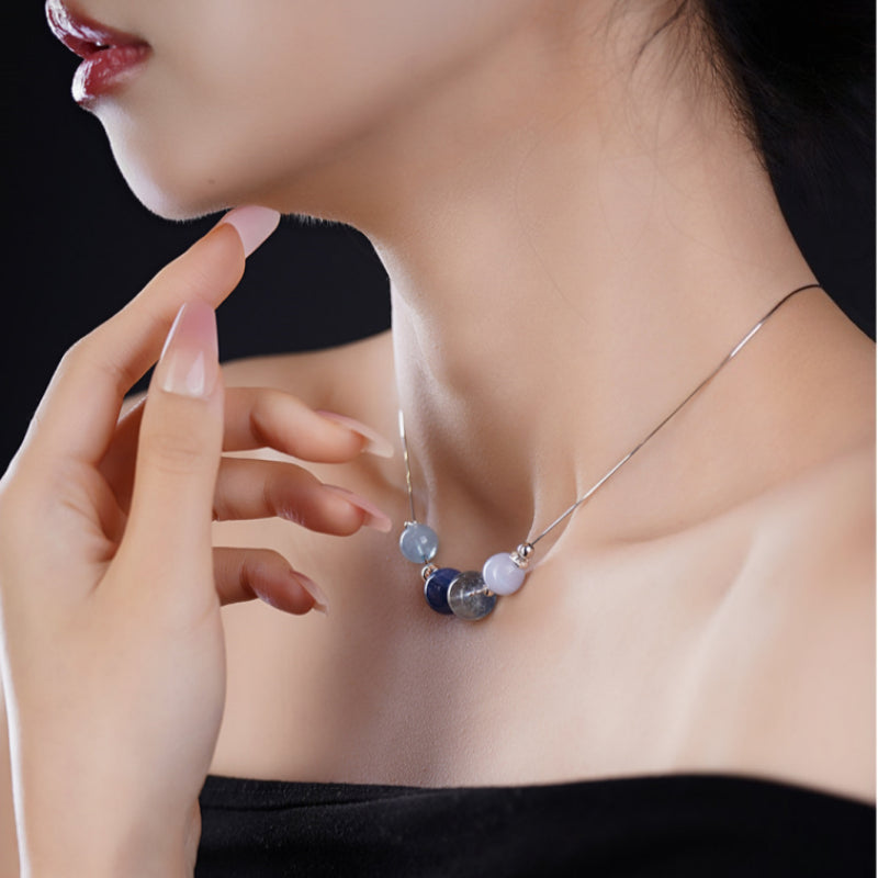 Natural Aquamarine Blue Stones Necklace - Water Element, Harmonious Energy