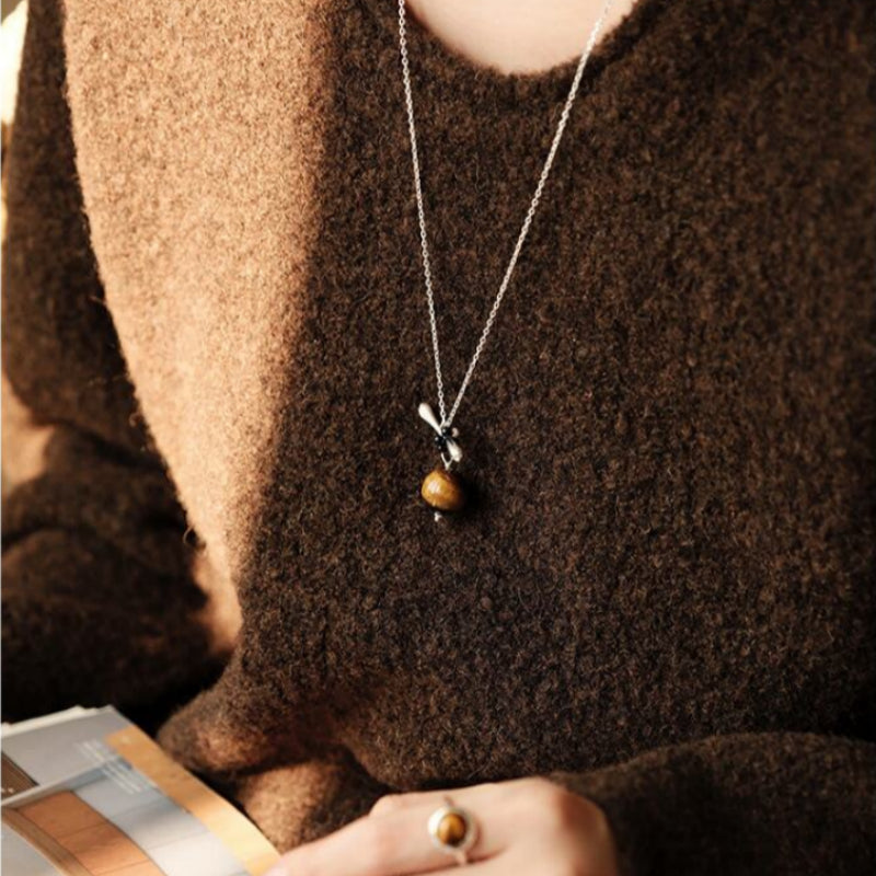 Natural Tiger Eye Stone Necklace, Floating Planet - Steady Career & Prosperous Life
