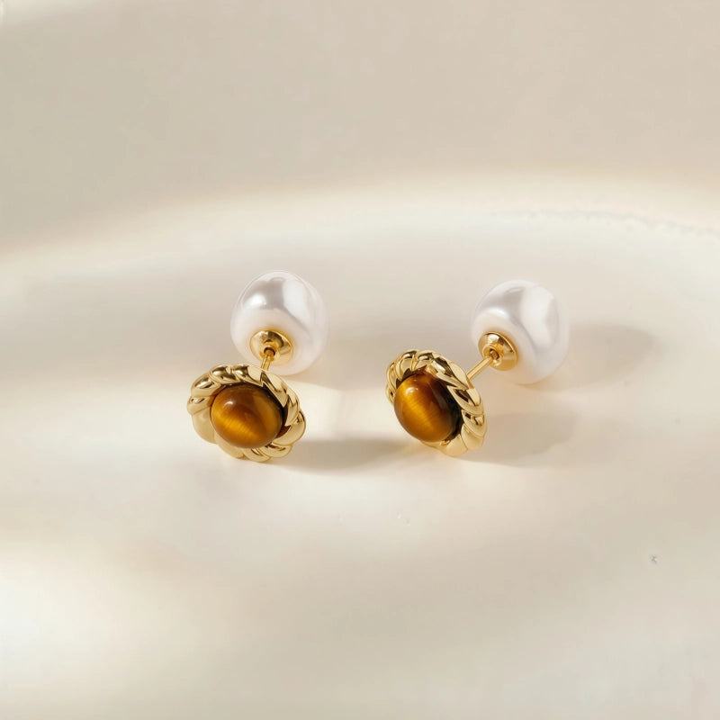 Boucles d'oreilles en pierres naturelles Œil de Tigre et perles d'eau douce, nouvelles boucles d'oreilles double-face