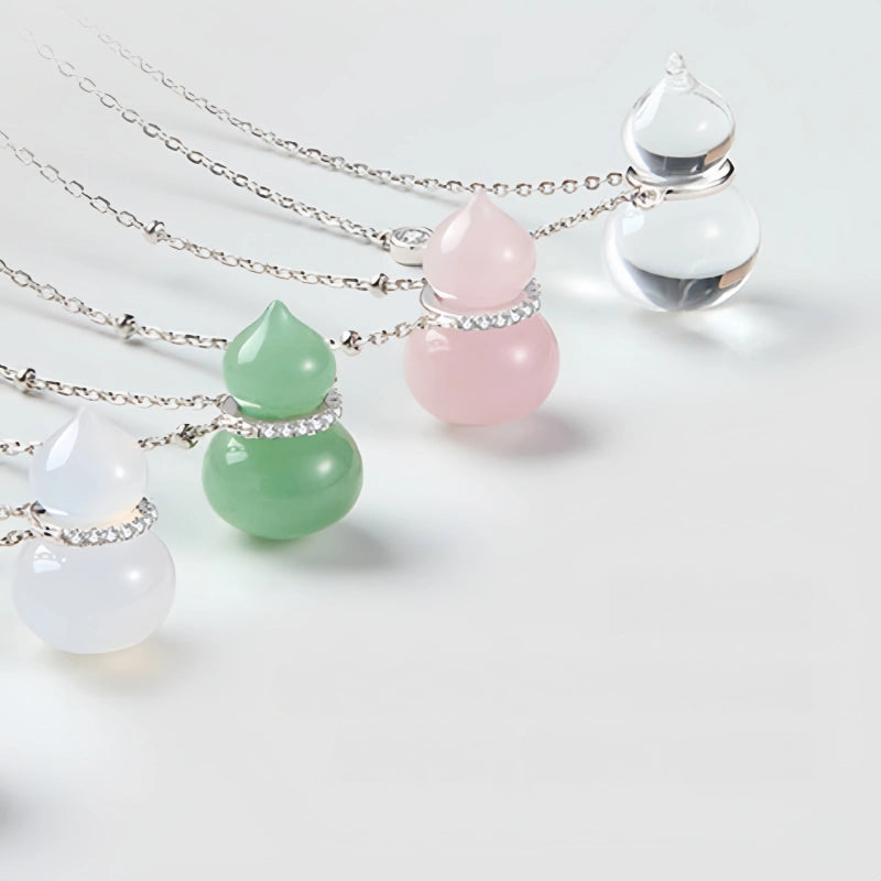 Natural White Crystal Necklace, Fortune Gourd, Pure Silver Pendant