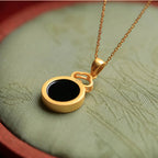 Natural Black Hetian Jade Auspicious Cloud Round Tablet Necklace - Protection & Wholeness