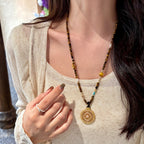 Natural Tiger Eye Stone Necklace, Compass Pendant Sweater Necklace, Gift for Mom
