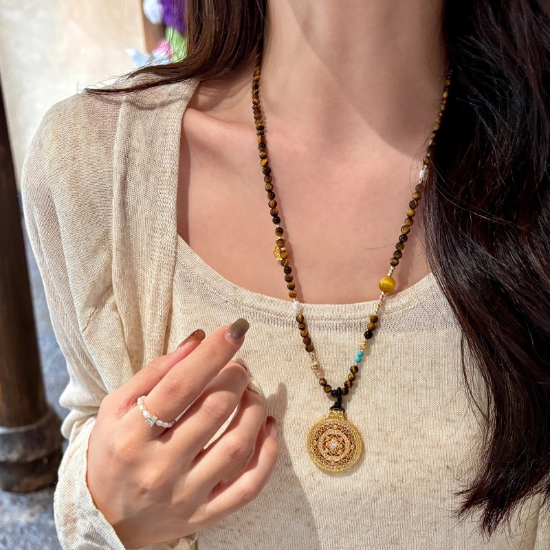 Collier en Œil de Tigre Naturel, Pendentif Boussole, Collier Pull, Cadeau pour Maman