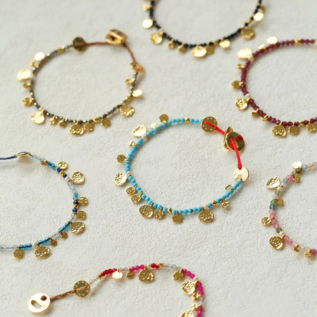 Hand‑Hammered Gold Coin Natural Stone Beaded Stack Bracelet - Healing, Inner Power