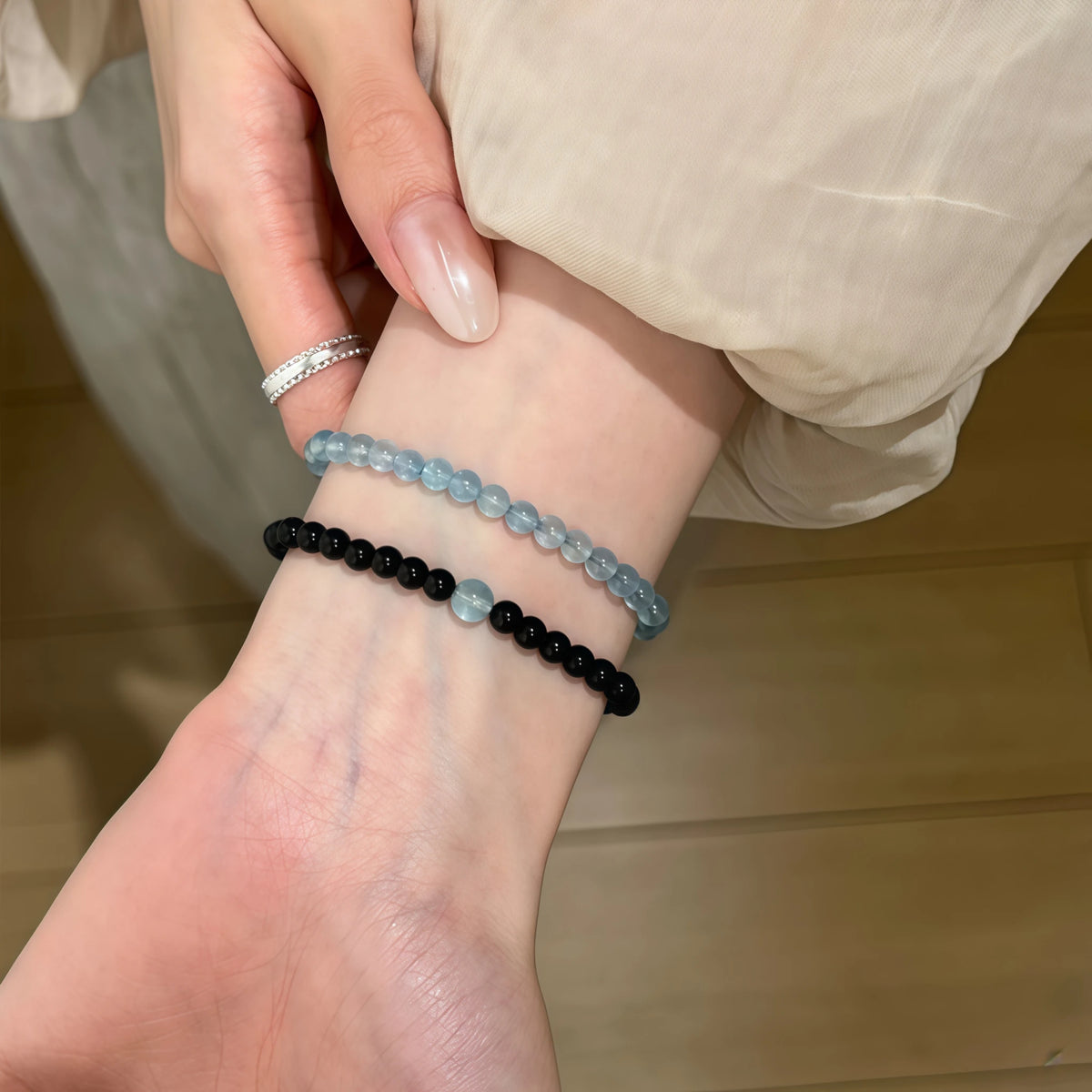 Smooth Round Bead Aquamarine Obsidian Bracelet - Serenity & Protection