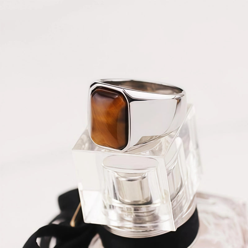 Natural Tiger Eye Stone Ring, Retro Men's Gemstone Ring