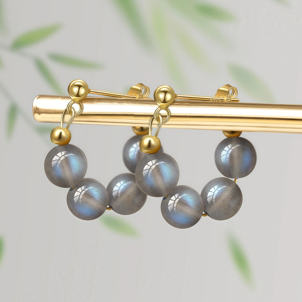 Natural Grey Moonstone Beaded Hoop Earrings - Calm & Intuition