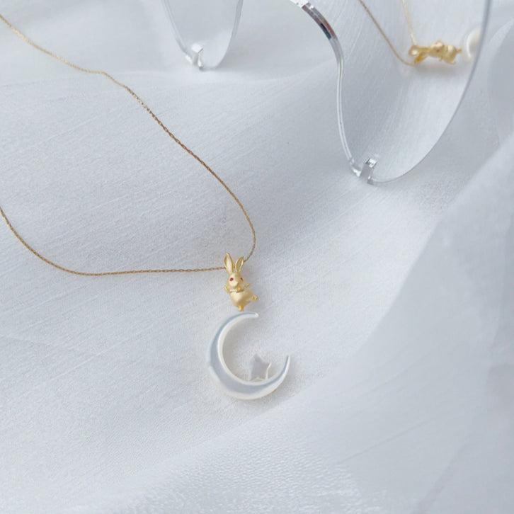 Magical Starry Moon Rabbit Necklace — Cute Bunny on Moon Star Pendant