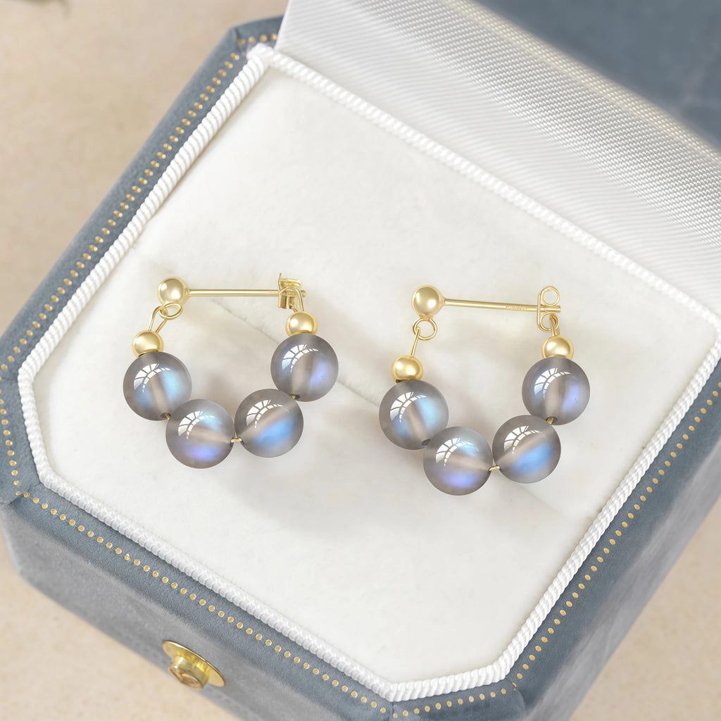 Natural Grey Moonstone Beaded Hoop Earrings - Calm & Intuition