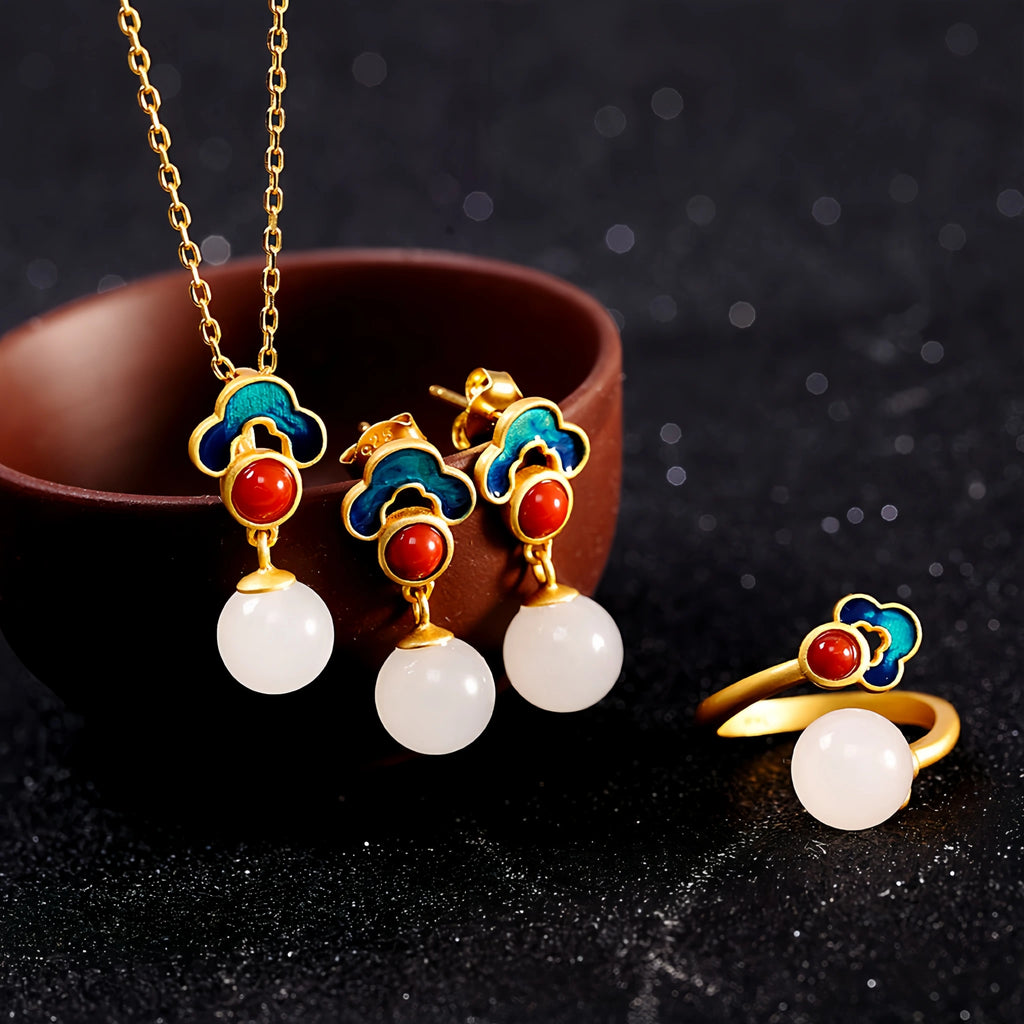 Natural Hetian Jade Cloud Necklace Earrings Ring Set - Soothe Restless Mind