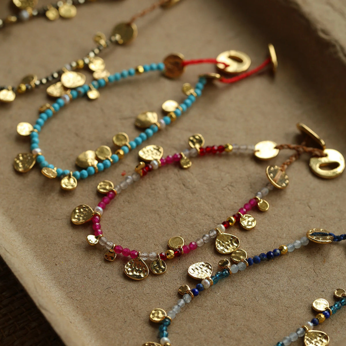 Hand‑Hammered Gold Coin Natural Stone Beaded Stack Bracelet - Healing, Inner Power