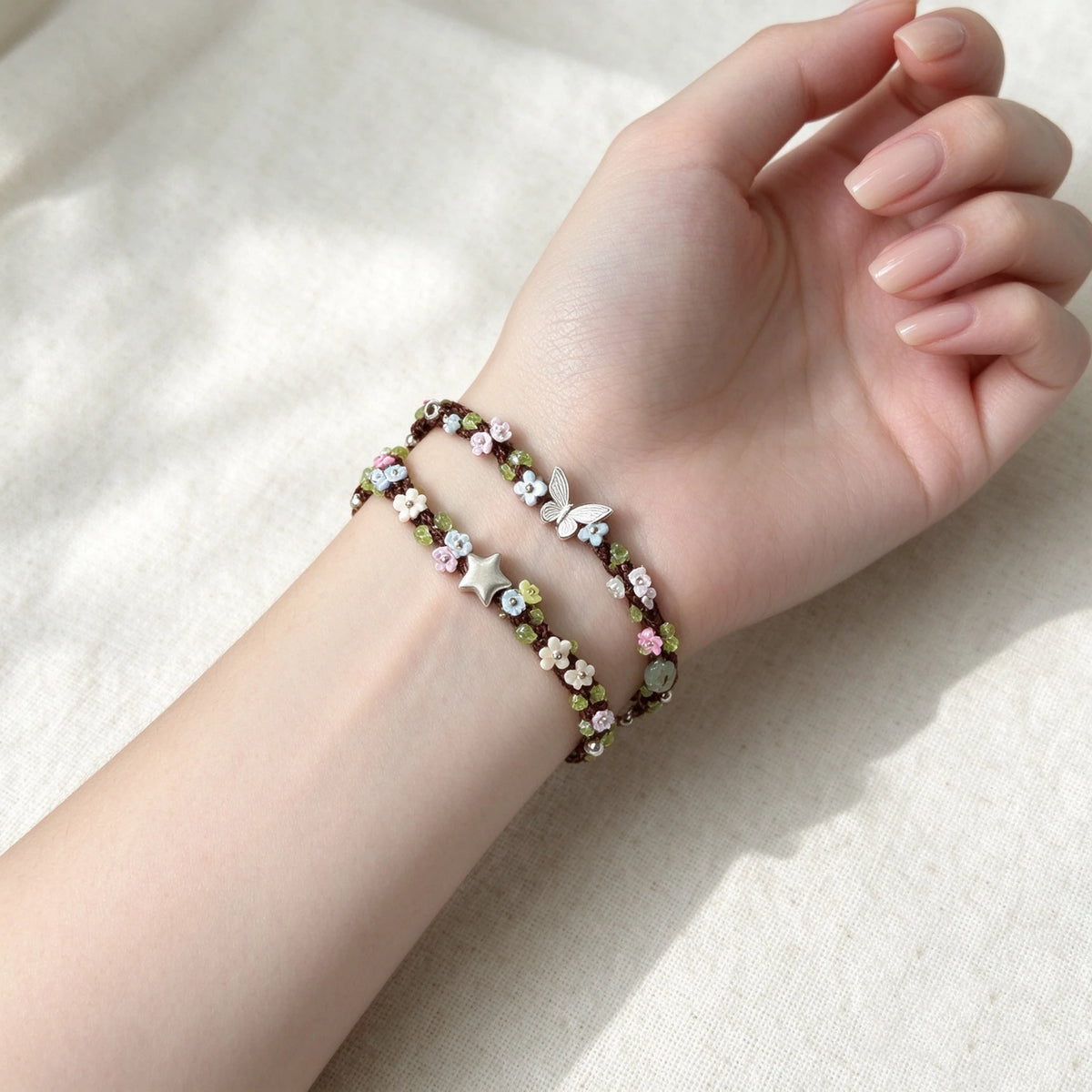 Silver Butterfly & Star Natural Peridot Hand Braided Bracelet - Growth & Abundance Energy