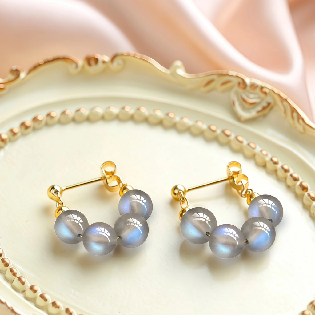 Natural Grey Moonstone Beaded Hoop Earrings - Calm & Intuition