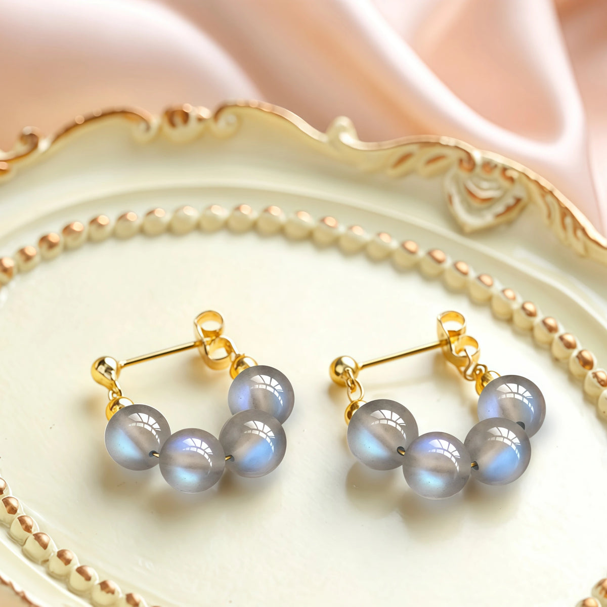 Natural Grey Moonstone Beaded Hoop Earrings - Calm & Intuition