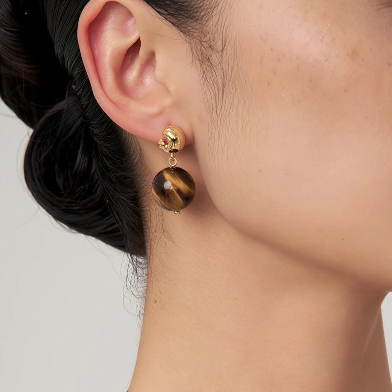 Natural Tiger Eye Stone Earrings- Symbolizing Auspiciousness and Wealth