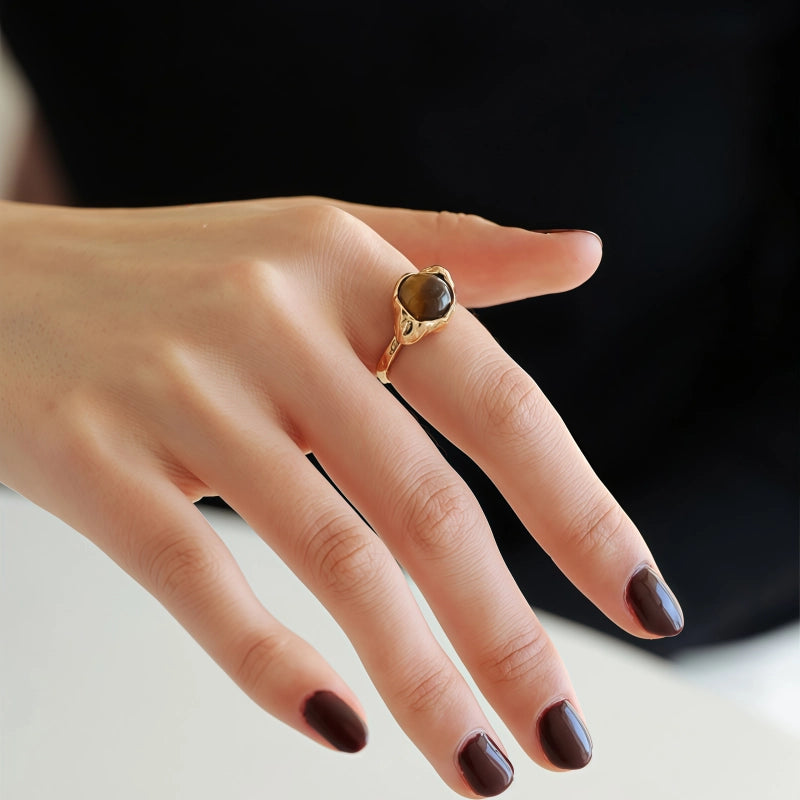 Natural Tiger Eye Stone Ring, S925 Lava Irregular - Valentine's Day Gift