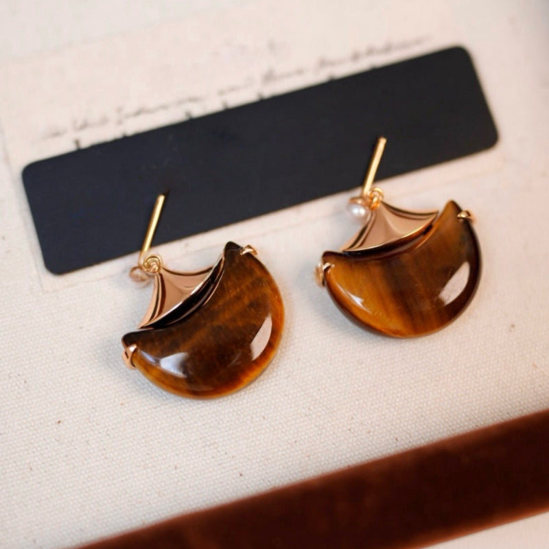 Boucles d'oreilles Fortis Natural Œil de Tigre — Lune en croissant rétro française